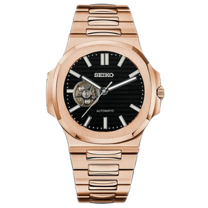 Seiko 精工改裝 鸚鵡螺鏤空款 玫瑰金 黑色面